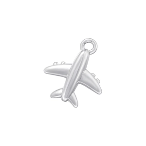 Close-up of a creative silver metal airplane pendant charm with polished finish and ring