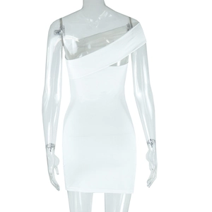Back view of a white one-shoulder bodycon mini dress on a clear mannequin display