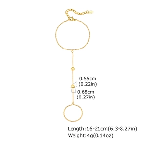Gold stainless steel ring-bracelet with dual heart charms, showing size 16-21cm details
