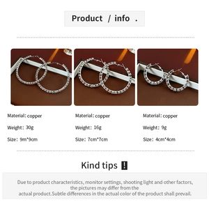 Detailed comparison of three sizes of copper hoop earrings with inlaid rhinestones
