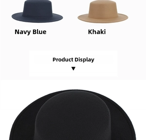Detailed view of stitching on wide brim felt fedora hat in navy khaki and black