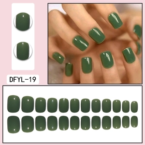 Macro detail of glossy dark olive green press-on nails with full set display in square shape