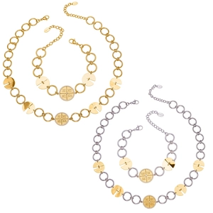 PVD gold plated stainless steel jewelry set with zircon cross pendant necklaces and bracelets