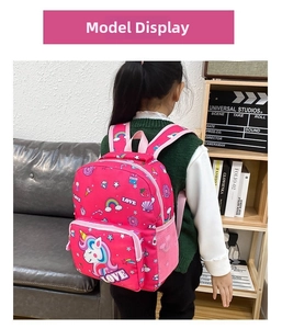 Detailed back view of pink cartoon unicorn backpack worn by a young child in a cozy room