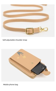 Detail of adjustable soft shoulder strap and hardware on apricot mini crossbody phone bag