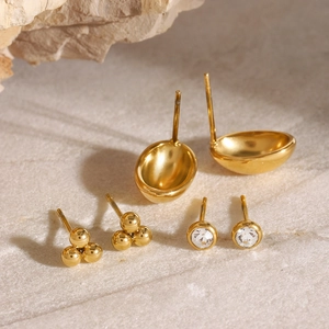 Three-pair set of 18k gold plated stainless steel stud earrings with cubic zirconia stones