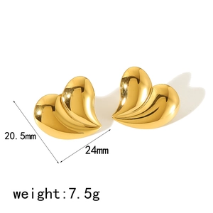 Polished 18K gold stainless steel heart earrings with textured finish measuring 24mm x 20.5mm