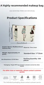 Tableau détaillé montrant la taille, le lin et le guide de lavage de la trousse de maquillage