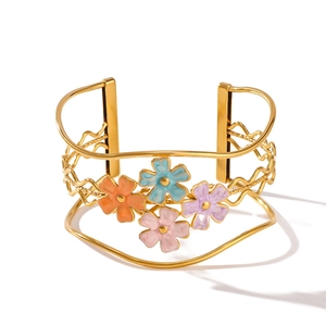 18k gold plated stainless steel open bangle with colorful enamel flowers and adjustable fit