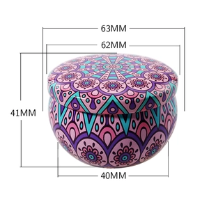 Detailed size specification chart of mandala tin container with diameter and height markings