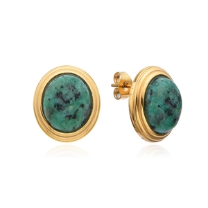 Vintage gold titanium steel stud earrings featuring green ice crack stone texture