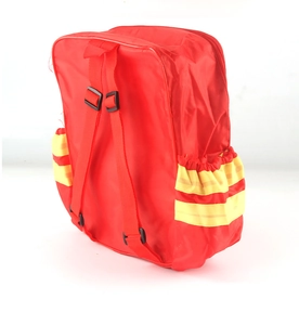 Detail of red firefighter backpack toy with adjustable straps and yellow side pockets