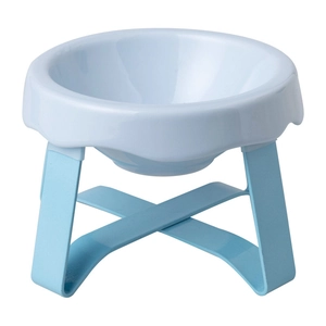 Elevated ceramic cat bowl with light blue metal stand for neck protection