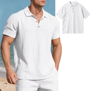 Close-up of white breathable linen polo shirt featuring natural fabric texture and lapel