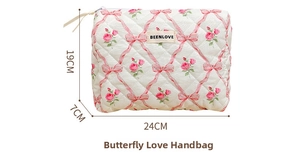 Detailed view of quilted makeup bag featuring pink rose patterns and size dimensions