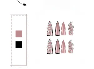 Detailed stiletto press on nails featuring black pink colors and rhinestone snake charms