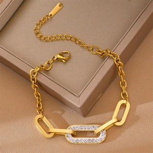 Gold plated stainless steel chunky chain bracelet with sparkling crystal paved oval links