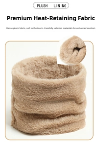 Close-up of light brown plush neck warmer showing dense heat-retaining velvet lining