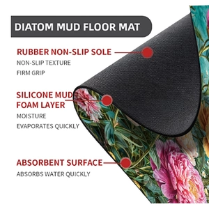 Detail of floral bath mat showing anti-slip rubber back and quick-dry layered structure