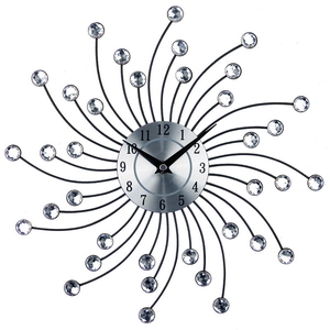 Detailed macro view of the silver sunburst wall clock with crystal beads and metal rays
