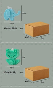 Close-up of elephant and frog cartoon candles with eco-friendly kraft packaging boxes