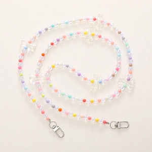 Rainbow beaded crossbody phone strap with acrylic bow accents and silver spring buckles
