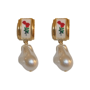 Vintage gold earrings with red rose print and irregular baroque pearl drops