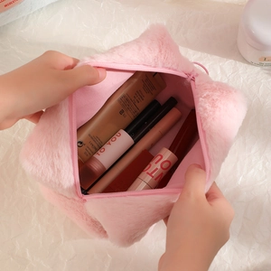 Pink plush large capacity cosmetic organizer bag with zipper and soft fur material