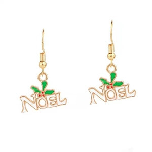 Detailed view of NOEL letter Christmas earrings with red berries and green leaves