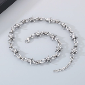 Detailed shot of silver barbed wire necklace with lobster clasp and extension chain