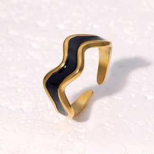 French vintage 18k gold wave ring with black enamel drip oil open adjustable design