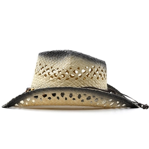Chapeau de cow-boy en paille avec motif ajouré respirant et ruban décoratif perlé