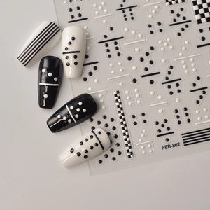 5D embossed black and white domino checkers nail stickers with 3D texture and chess design