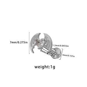 Detailed dimensions of silver heart with bat wings surgical steel piercing jewelry