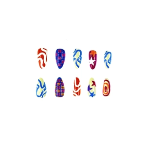 Colorful almond press-on nails with embossed star patterns and stripes, set of ten pieces