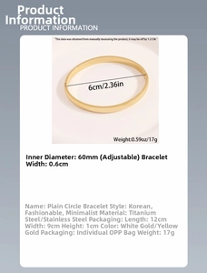 Infographic showing 60mm diameter and 0.6cm width of the titanium steel cuff bracelet