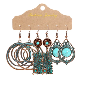 3-piece vintage bohemian earring set with turquoise stones and bronze geometric pendants