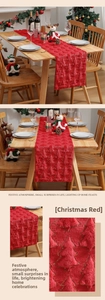 Detail of red plush Christmas table runner with golden sequin Christmas tree patterns