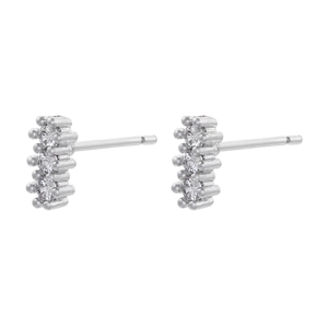 Close-up of 925 silver stud earrings with three vertically aligned sparkling zircons