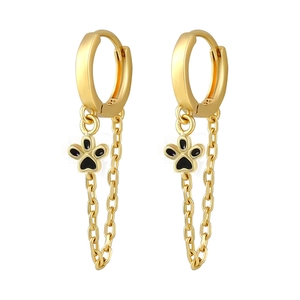 S925 silver needle vintage gold earrings with black cat paw charms and delicate chains