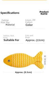 Makro-Detail von Katzenminze-Fischspielzeug mit gelbem Leinenstoff und 22cm Maßen