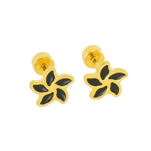 Detail of 18k gold flower earrings with black enamel and secure screw-back design