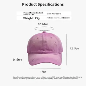 Size guide for children's gradient baseball cap showing dimensions and fabric specs