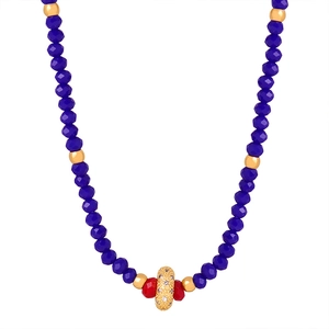Beaded titanium steel necklace featuring blue crystals and gold-plated pavé charm