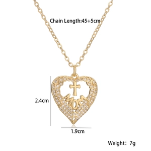Detail view of gold heart necklace for mom with zircon cross and size dimensions
