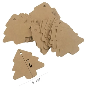 Detail showing natural brown Christmas tree shaped kraft paper tags with 5.4cm size mark