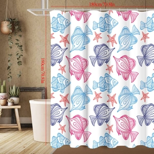 Detail view of 180cm square shower curtain with blue and red marine fish patterns