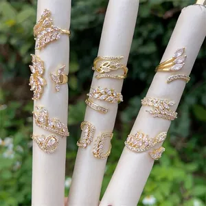 Elegant Copper 18K Gold Plated Adjustable Open Ring With Zirconia Leaf Rice Ear Pattern Fashion Jewelry For Women
