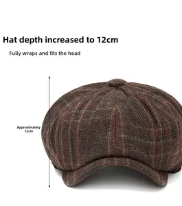 Detail view of coffee plaid newsboy cap showing the deep 12cm hat structure