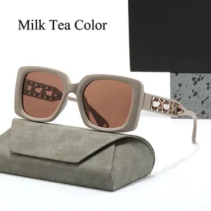 Milk tea square oversized sunglasses with polarized lenses and metal chain temples
